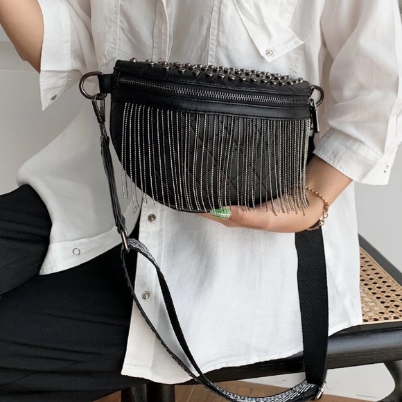 Luxe Black Vegan Leather Zipper Studded Fringe Fanny Pack Crossbody Bum Bag - Picture 4 of 5